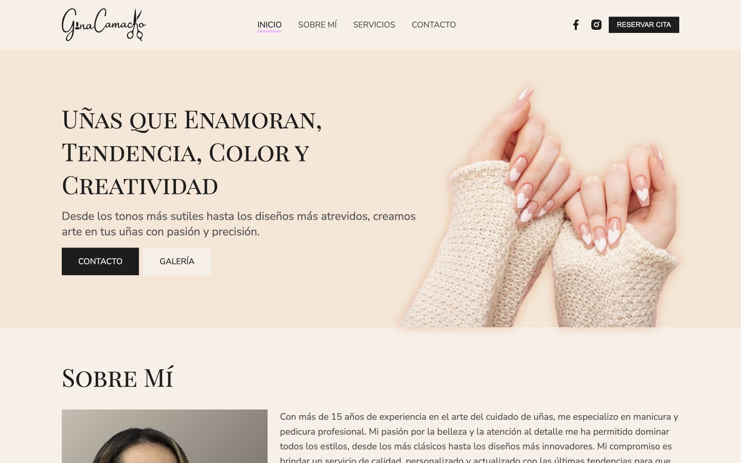 Página principal actual del sitio web de Gina Salon